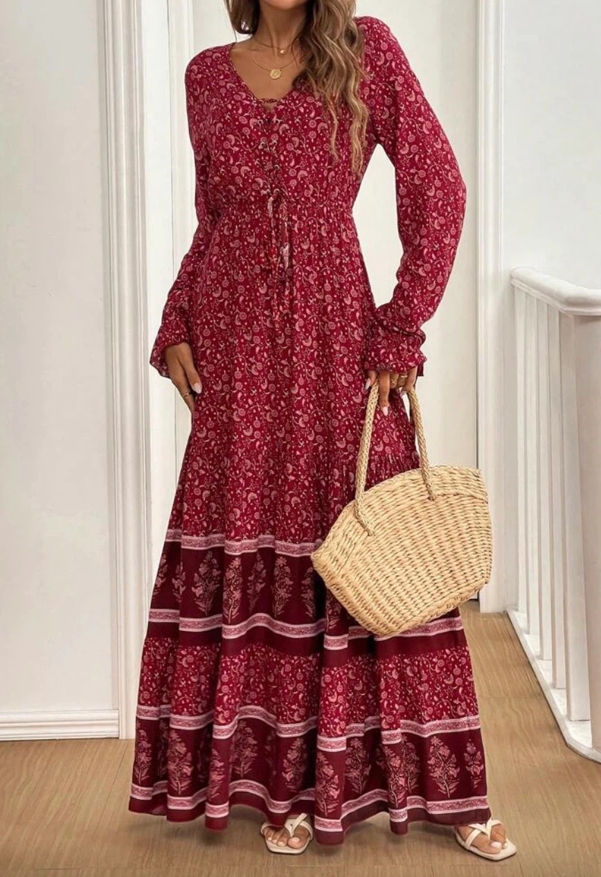 Red floral long sleeve boho maxi dress