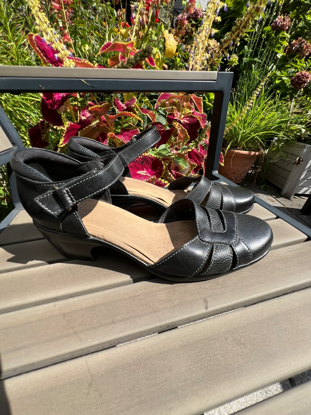 Clarks Women's Black Leather Strappy Wedge Heels