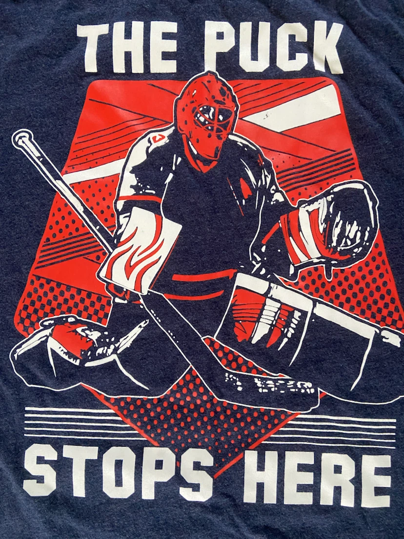 EUC Blue Hockey Goalie “Puck Stops Here” Graphic Tee 10-12 yrs - photo 2