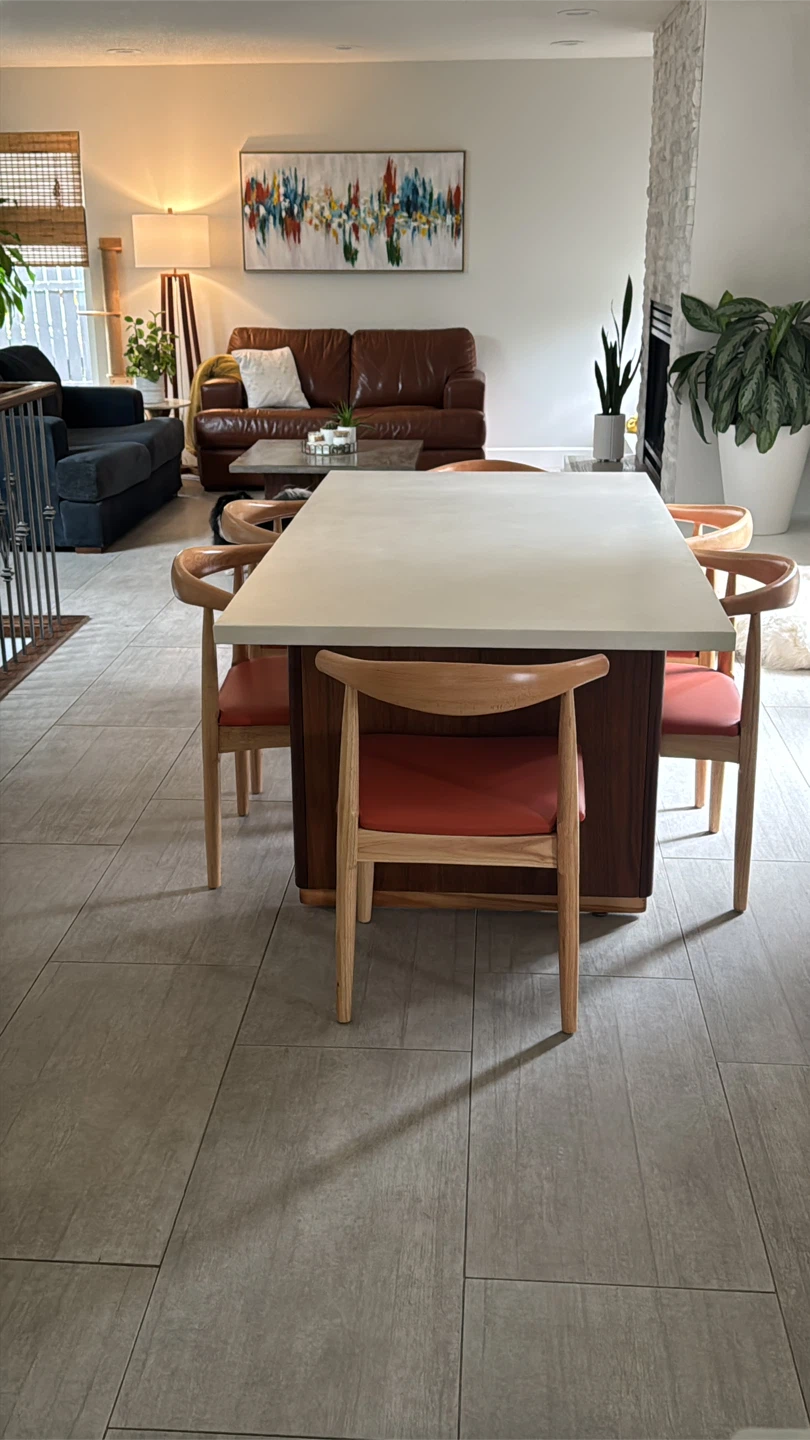 Rectangular concrete top Dining Table with Wood Base