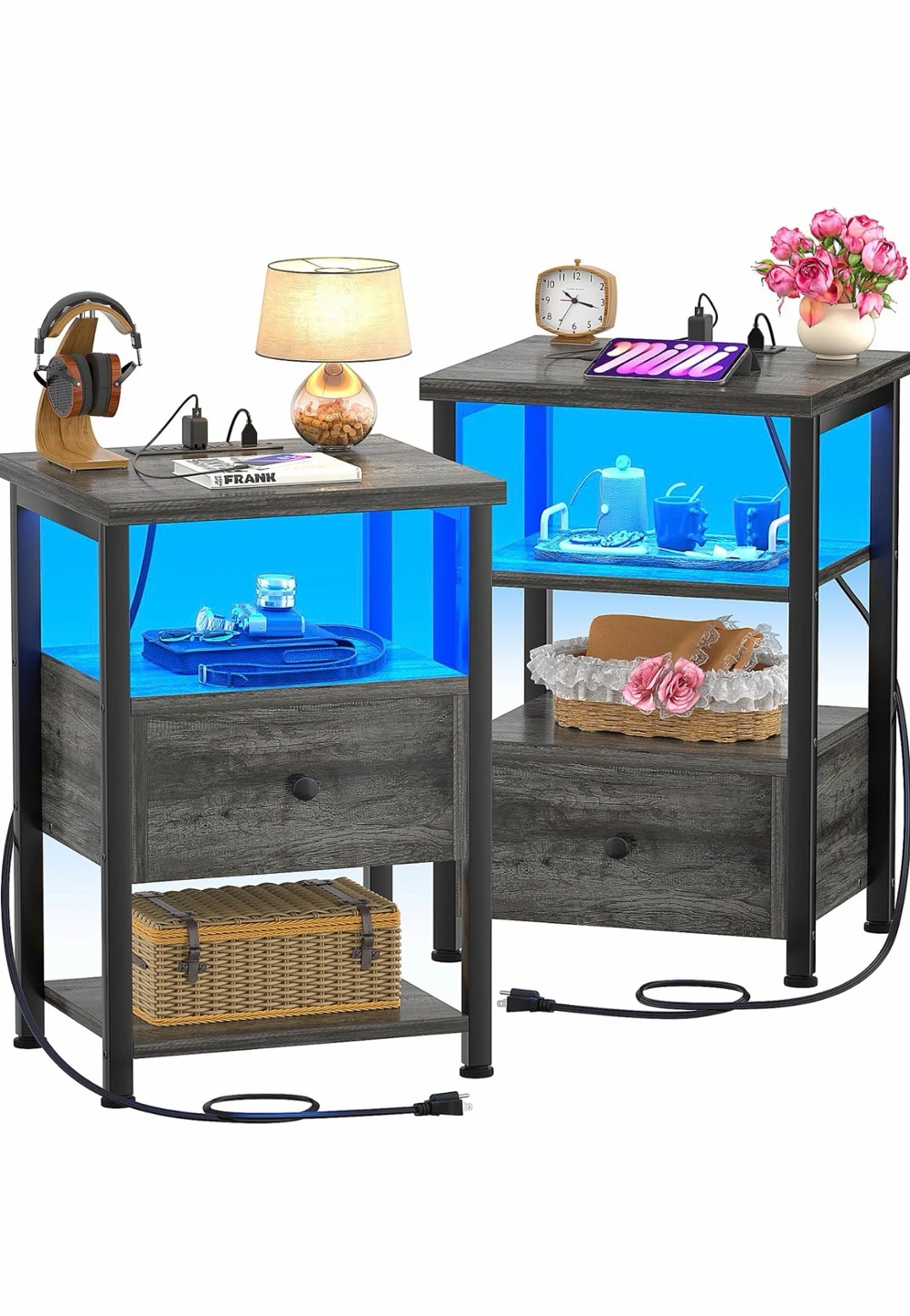 Set of 2 Nightstands with LED Lights and Built-in Charging