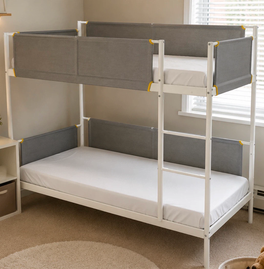 White Metal Bunk Bed with Grey Fabric Rails