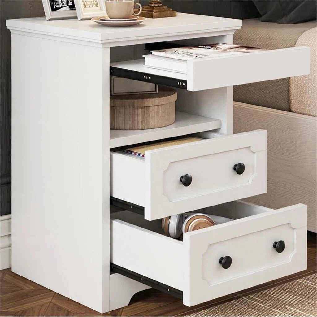 White Nightstand with Two Drawers and Slide-out Tray
