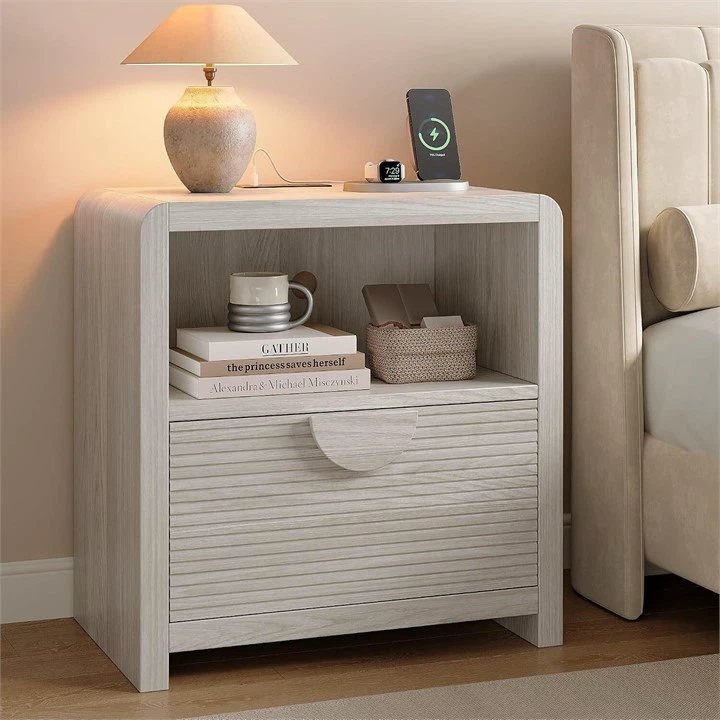 Light oak wood bedside table with drawer and charging station
