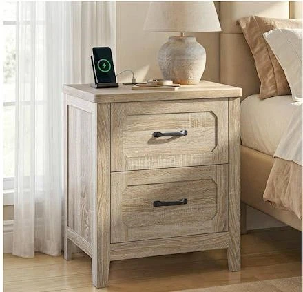Oak finish nightstand with two drawers and charging station