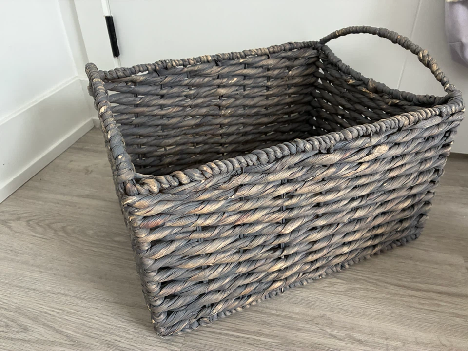 Large grey woven basket with handles