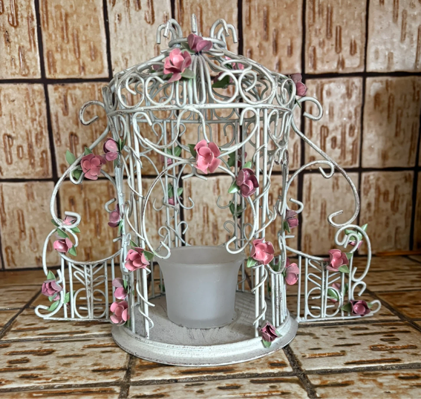 Candle Holder with Pink Flowers