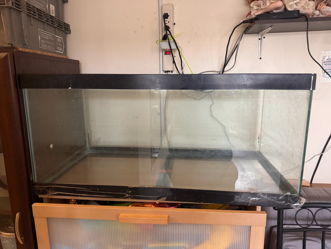 Glass aquarium tank with black trim