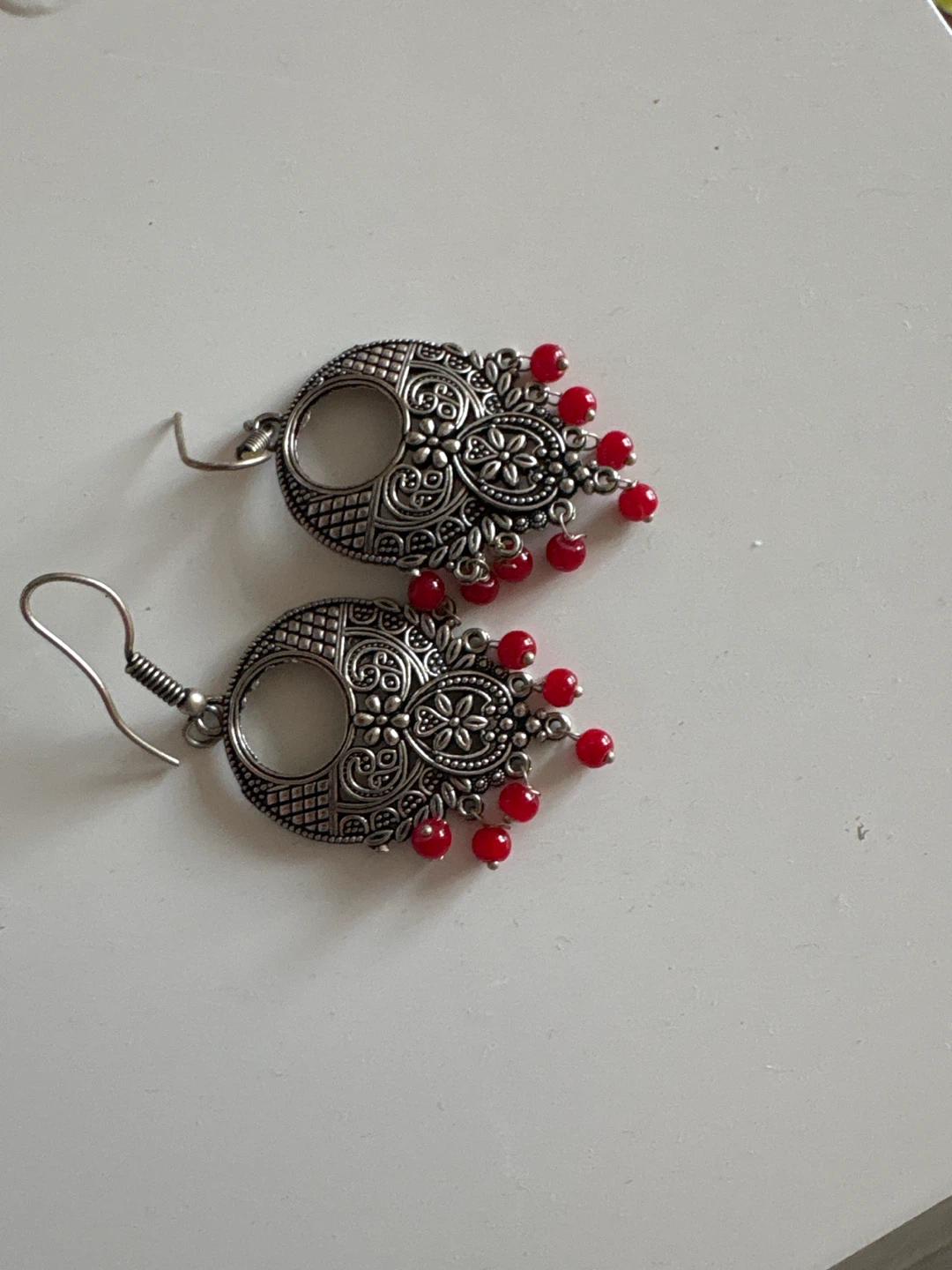 Silver-toned drop earrings with red beads - photo 2