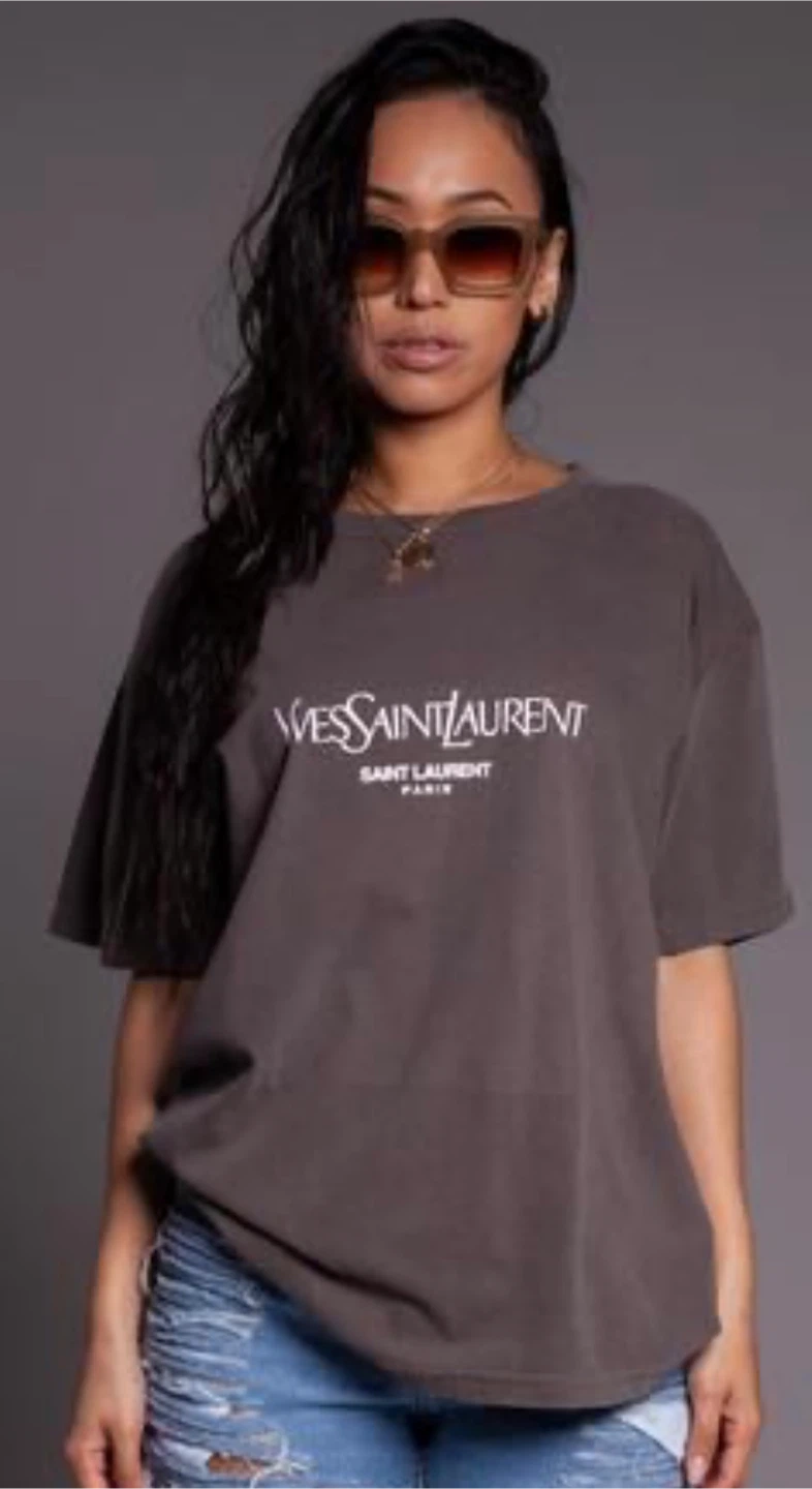 VINTAGE Saint Laurent Paris logo t-shirt in taupe brown