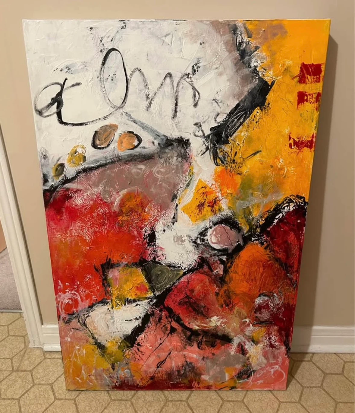 Abstract oil on canvas painting in red and yellow