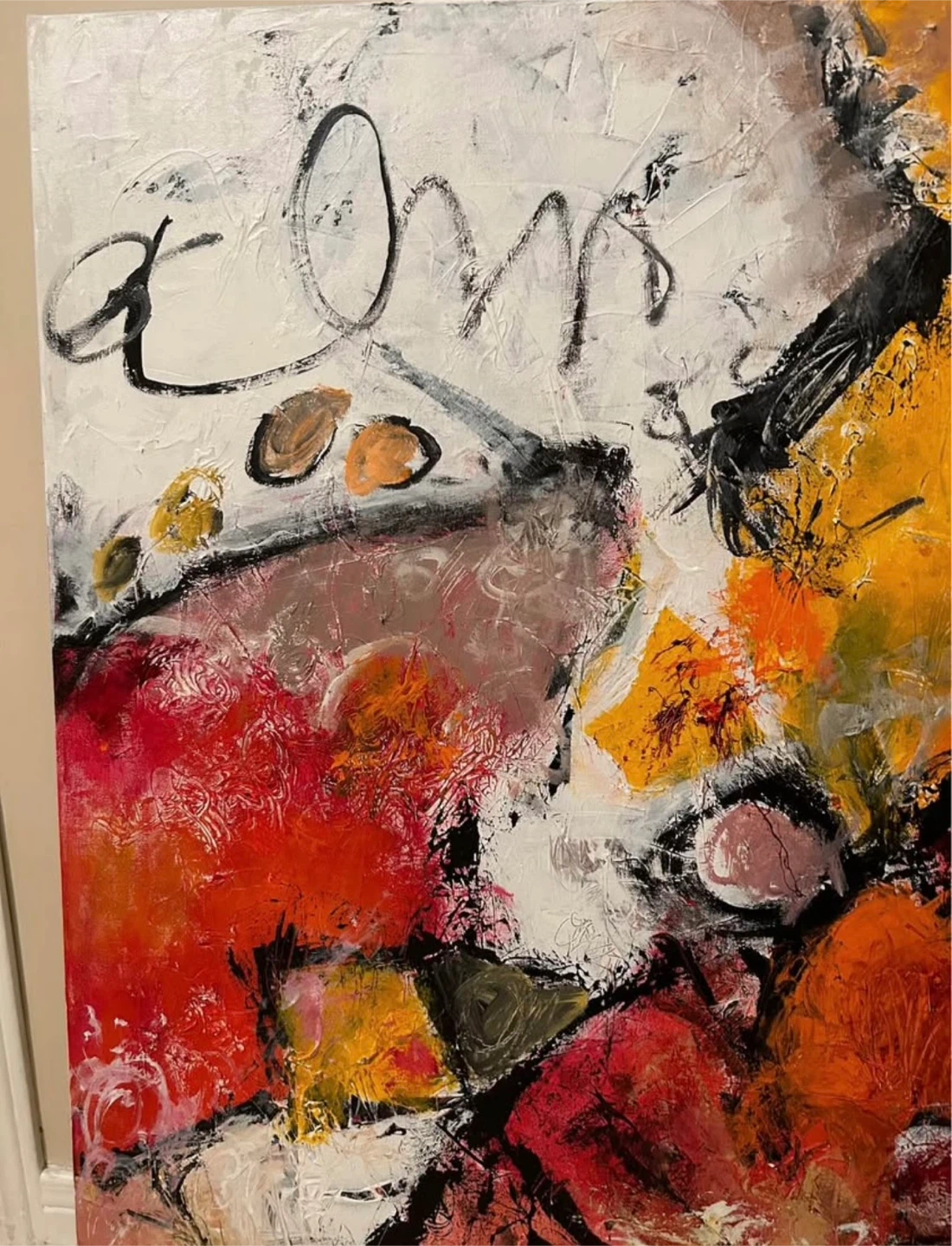 Abstract oil on canvas painting in red and yellow - photo 2