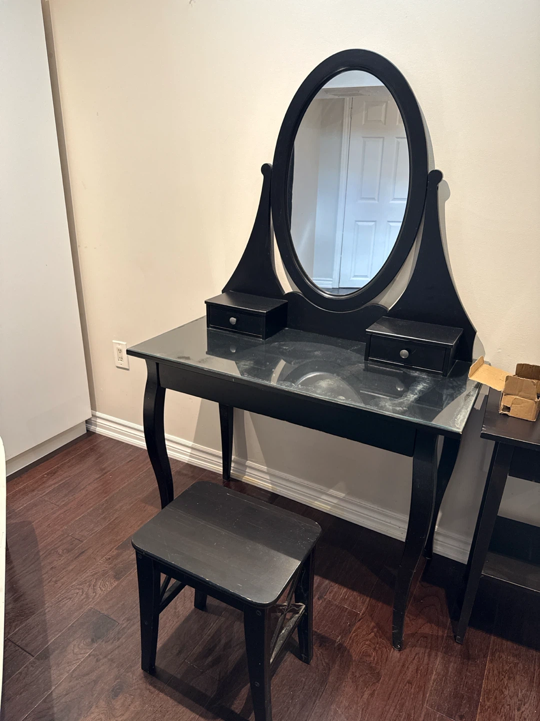 Black Vanity Table with Oval Mirror and Stool