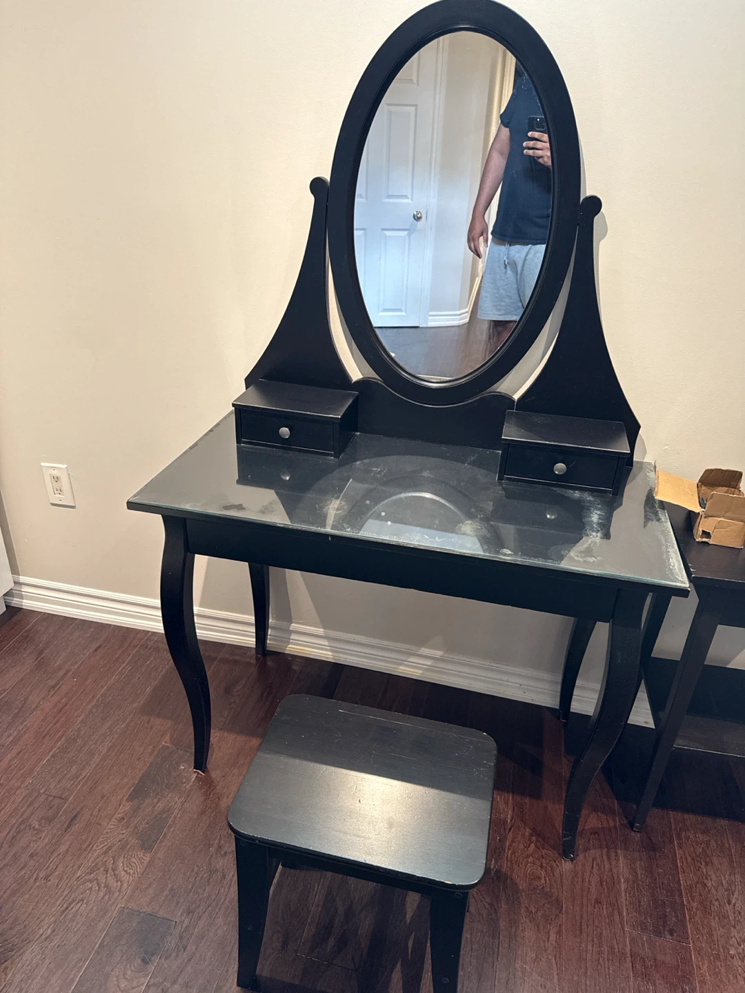 Black Vanity Table with Oval Mirror and Stool - photo 2
