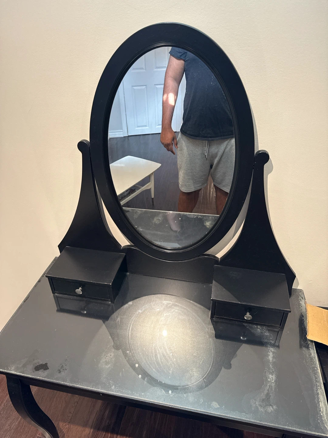 Black Vanity Table with Oval Mirror and Stool - photo 3