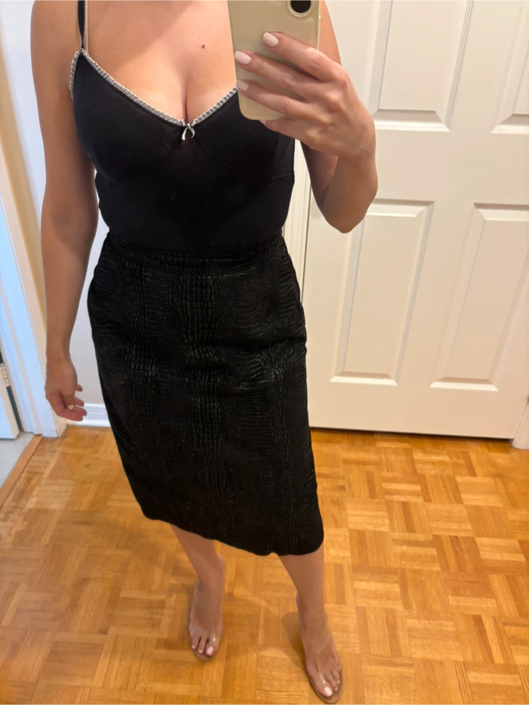 Genuine suede vintage leather Black crocodile print midi skirt