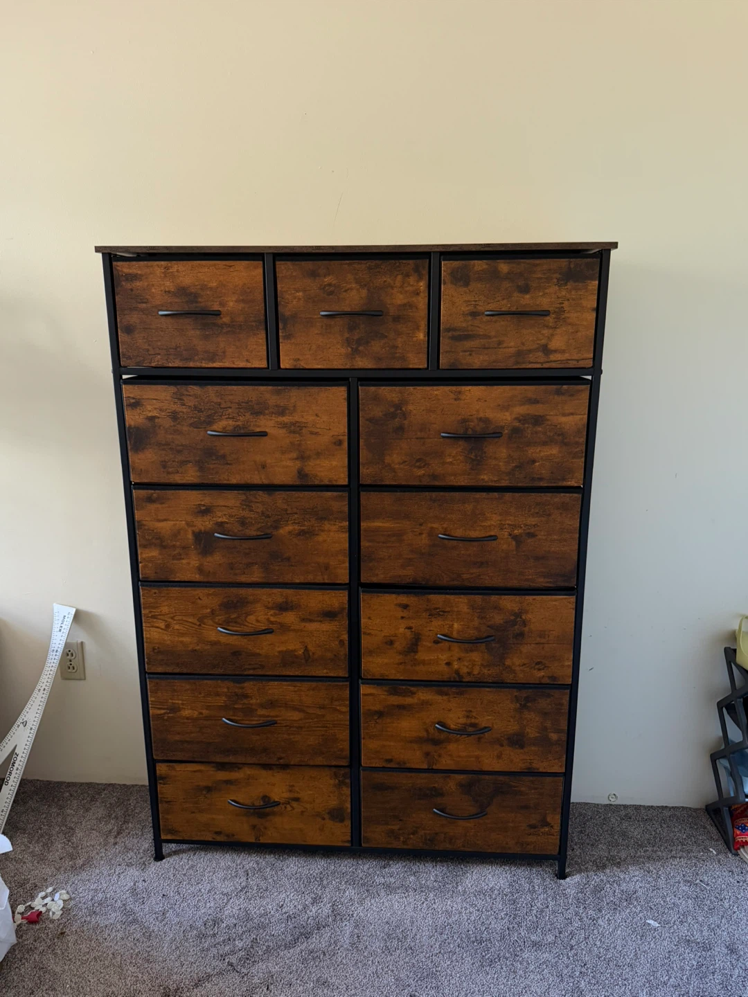 Rustic 13 drawer fabric dresser with metal frame