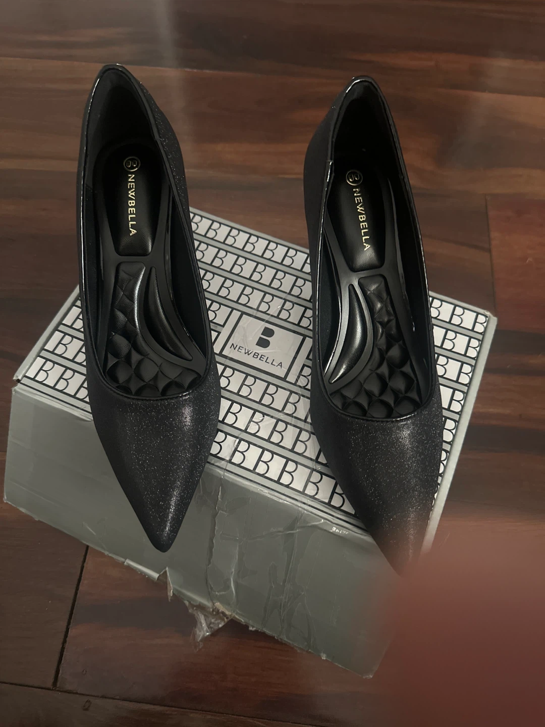 Newbella black shimmer pointed toe pumps
