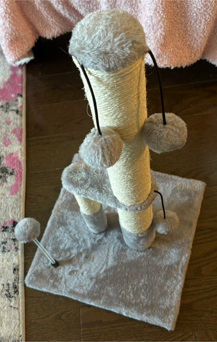 NEW Grey Cat Scratching Post with Pompoms