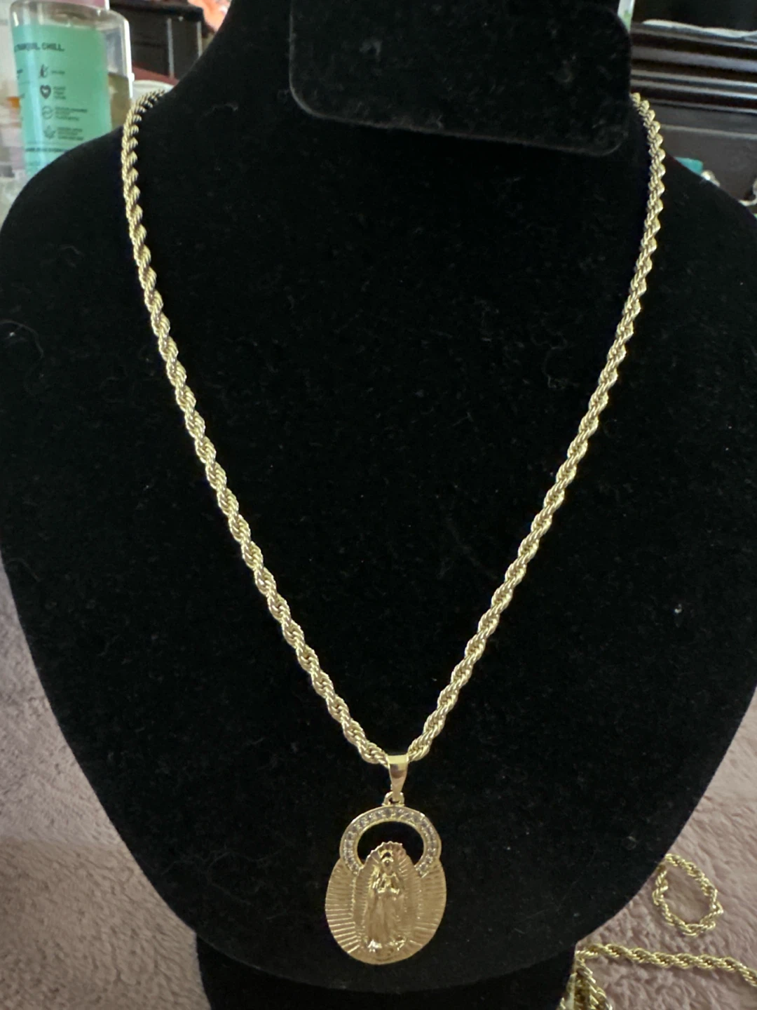 14kGold laminated Virgin Mary Pendant Rope Chain Necklace