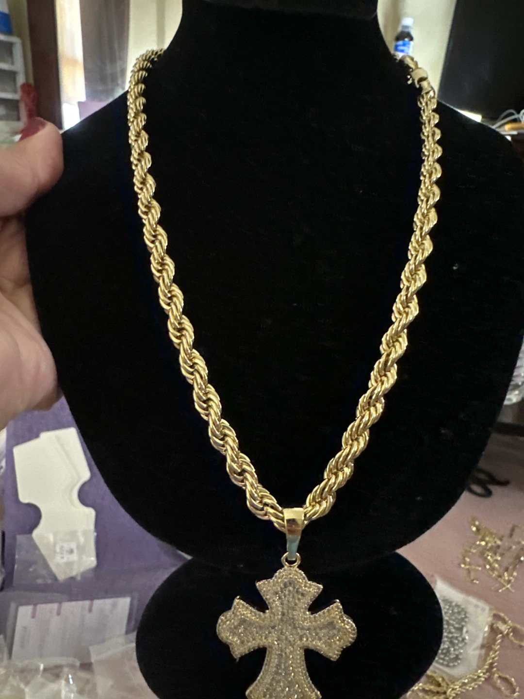 14kGold laminated RopeChain w diamonds Cross Pendant Necklace