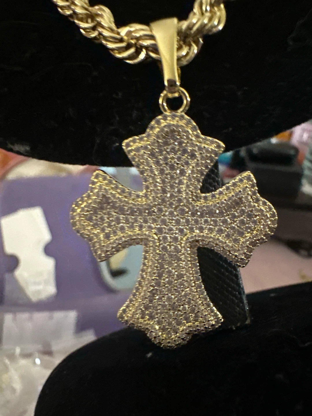 14kGold laminated RopeChain w diamonds Cross Pendant Necklace - photo 2