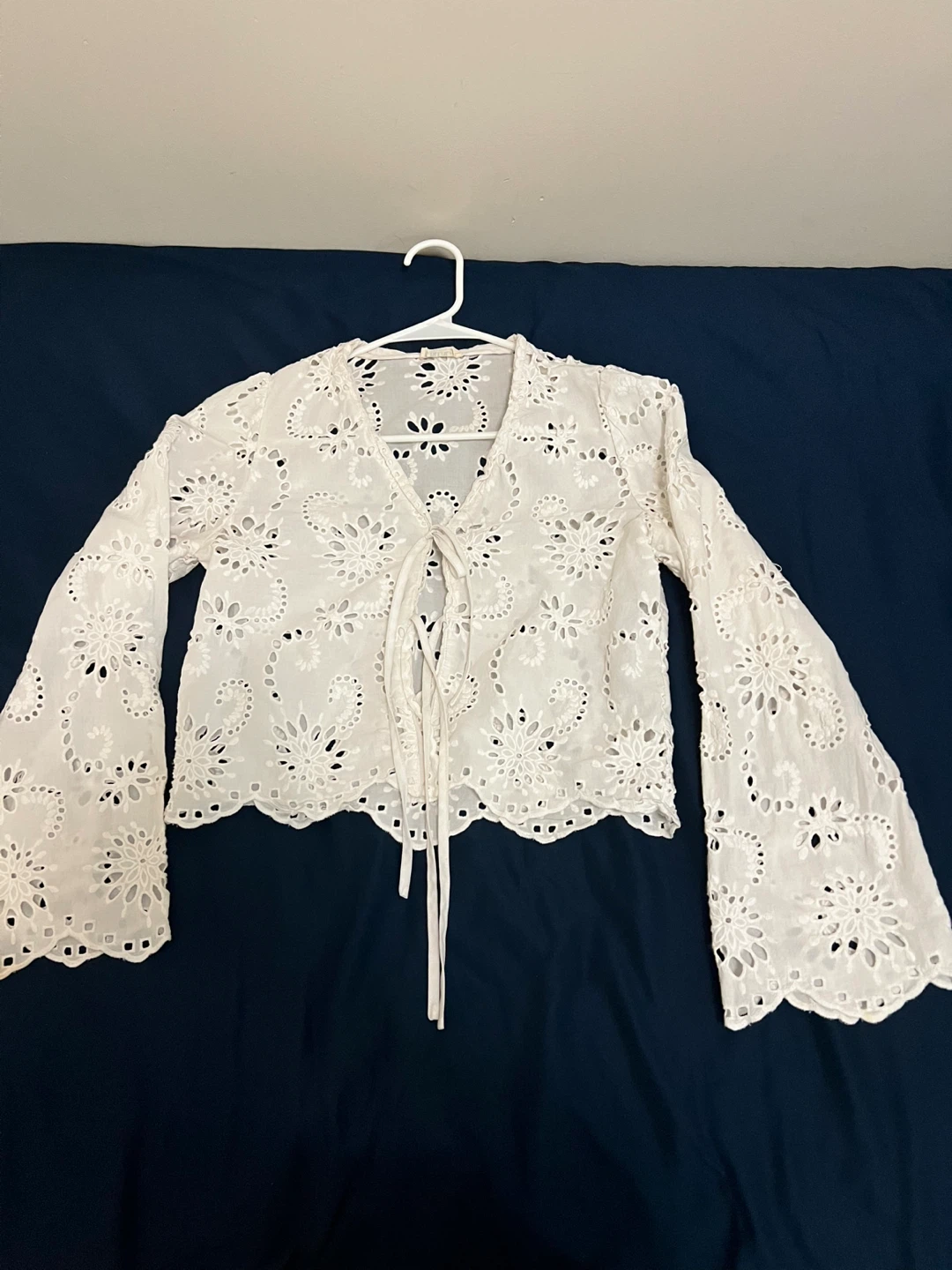 White Eyelet Tie-Front Bolero Top