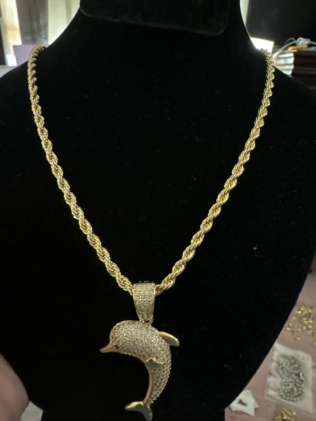 14kGold laminated Rope Chain Necklace with Dolphin Pendant