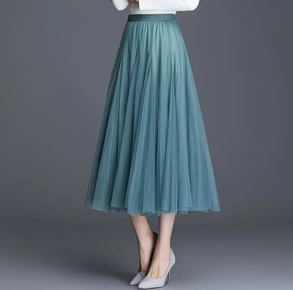 Pleated teal tulle maxi skirt