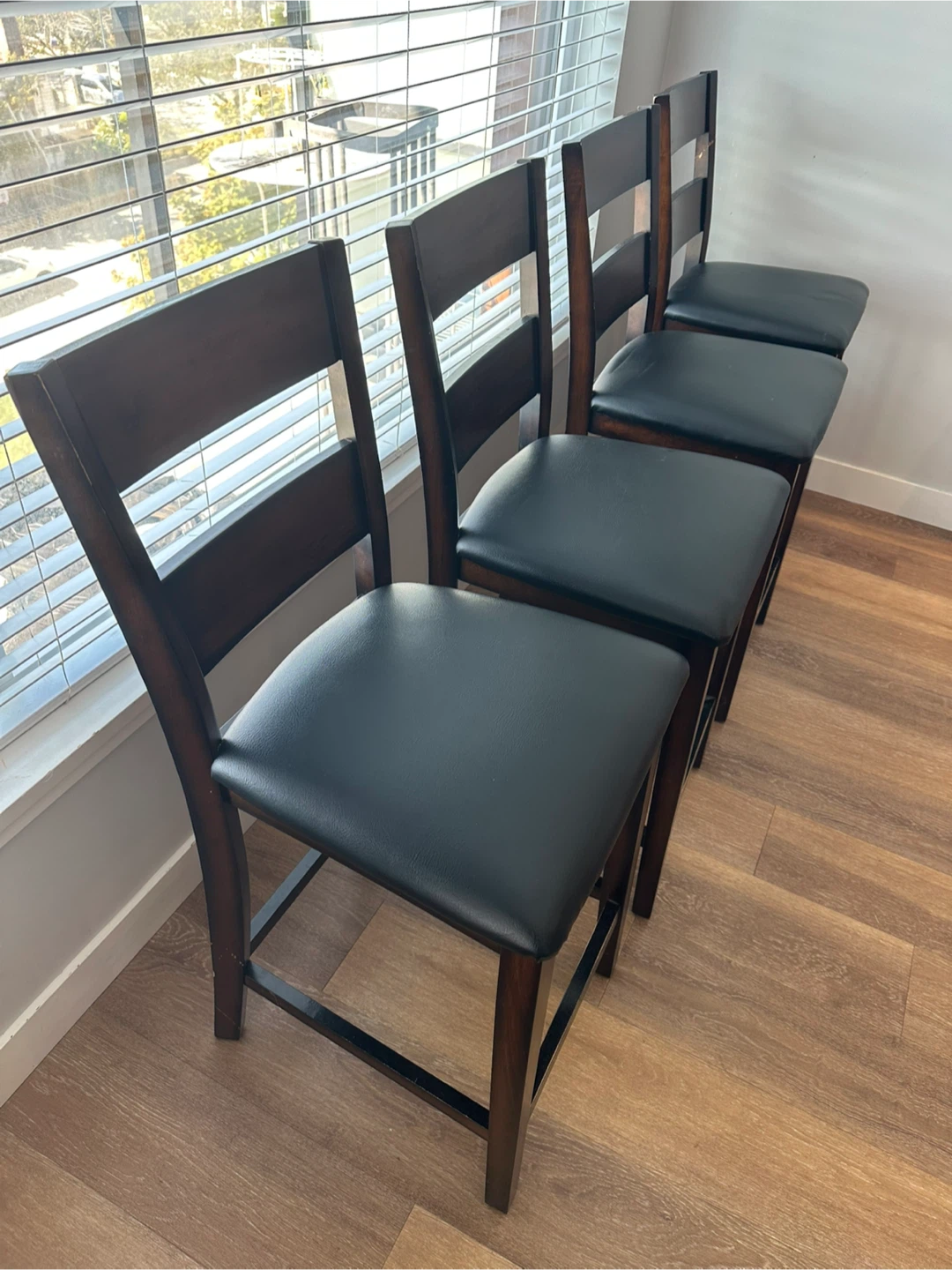 Set of 4 Dark Wood Counter Height Stools with Black Seats