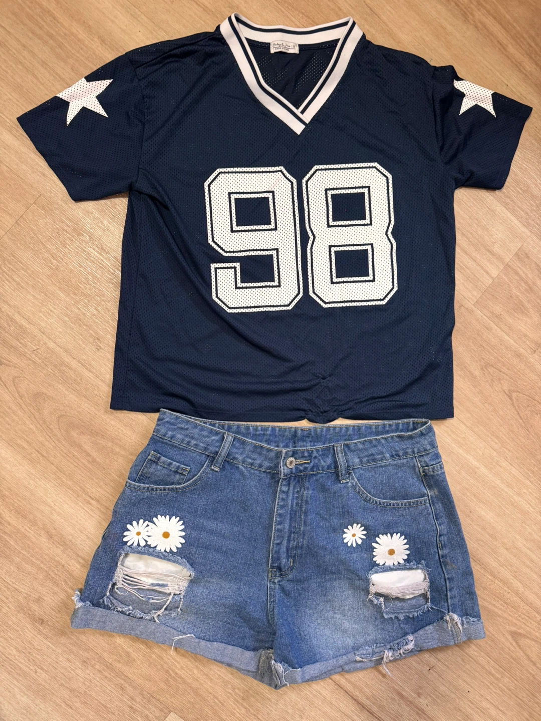 Navy Blue "98" Jersey Shirt and Daisy Denim Shorts