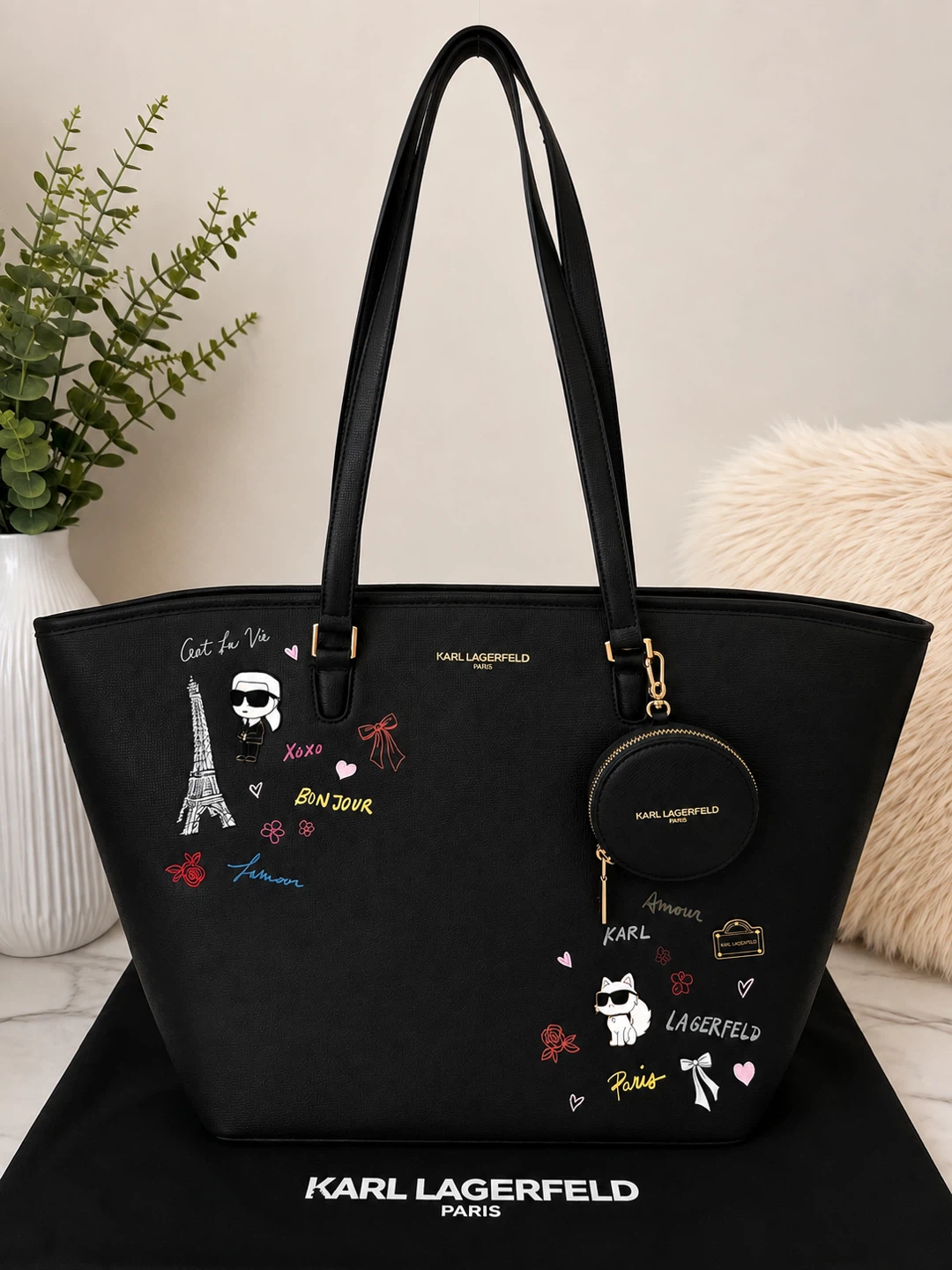 Karl Lagerfeld Paris Black Tote Bag with Graphics