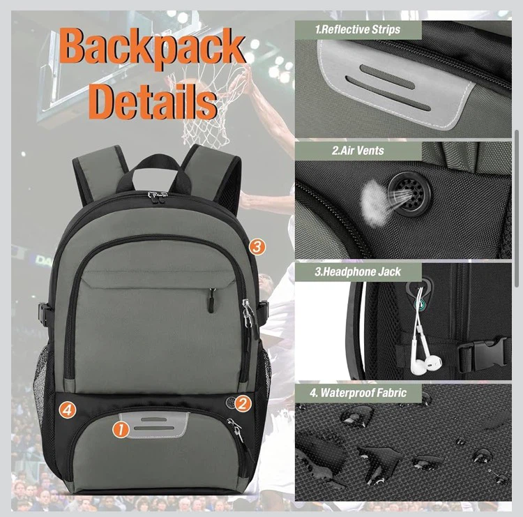 Large Gray Basketball Backpack with Shoe Compartment - photo 3