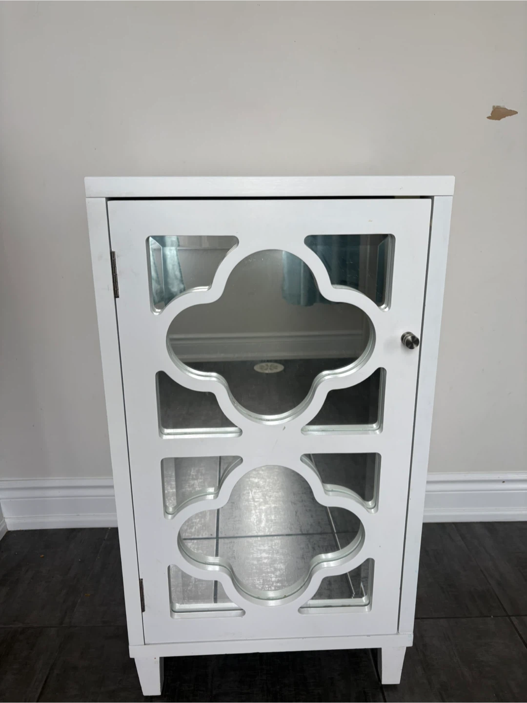 White Accent Cabinet with Mirrored Door