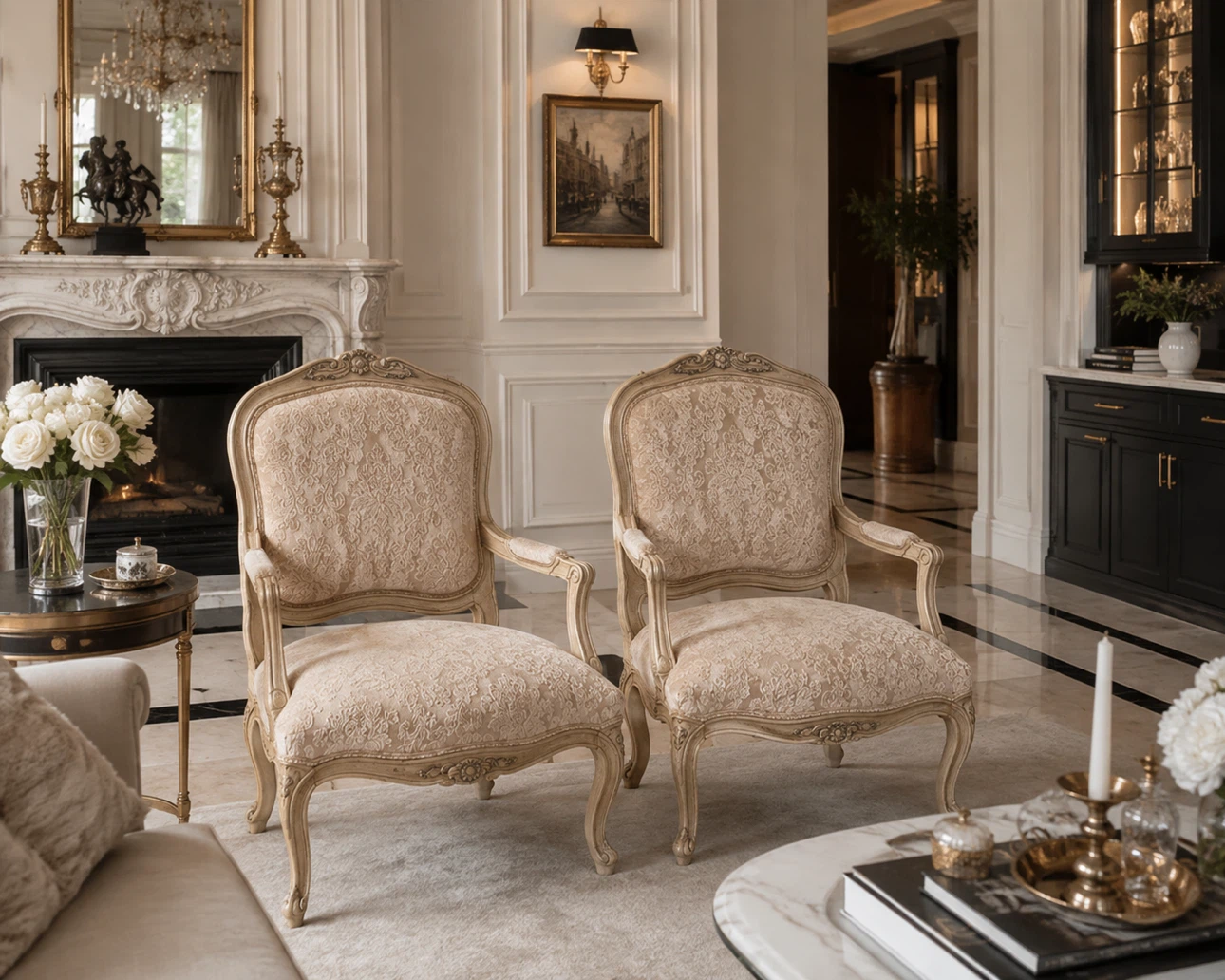 Set of 2 vintage ornate upholstered armchairs