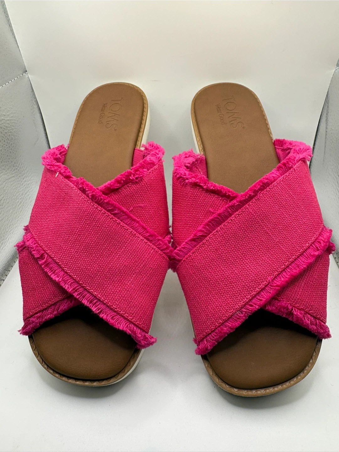 TOMS Pink Cross-Strap Frayed Slide Sandals