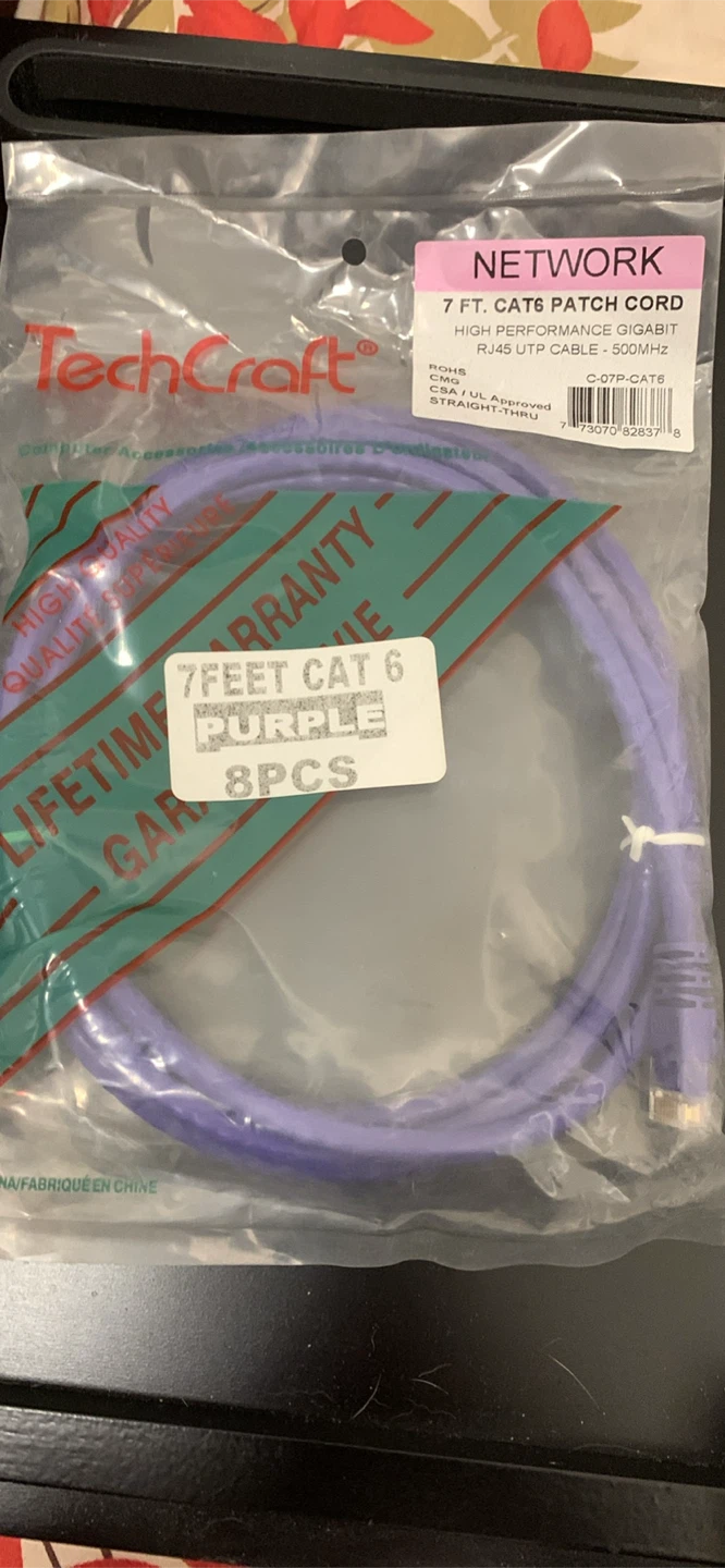 Ethernet TechCraft 7 FT. Cat6 Patch Cord - Purple