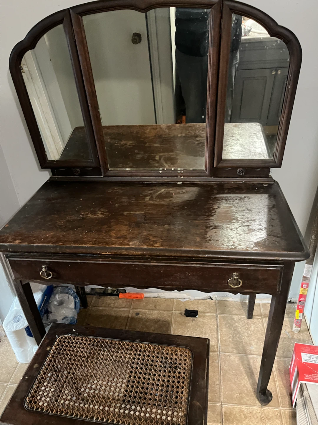 Antique Vanity with Tri-Fold Mirror and Stool