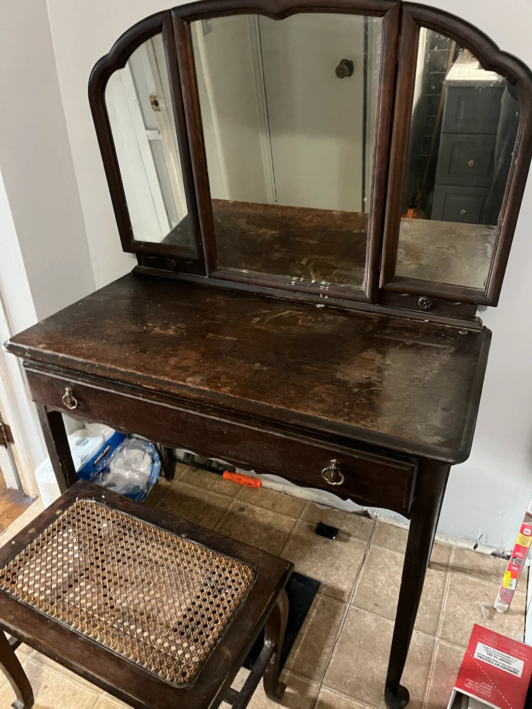 Antique Vanity with Tri-Fold Mirror and Stool - photo 2