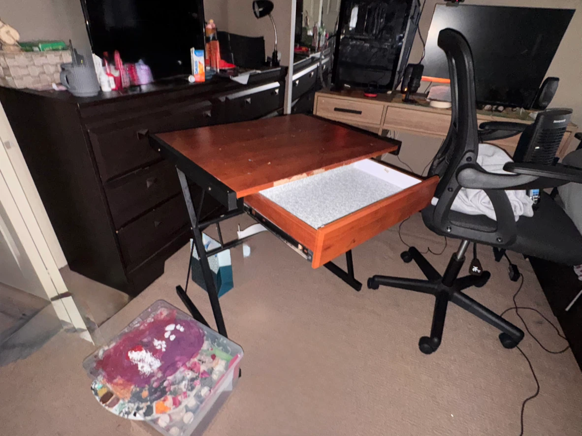 Small brown desk with drawer