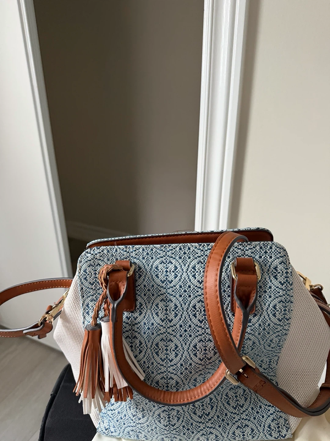 Parfois - Blue Patterned Handbag with Brown Straps
