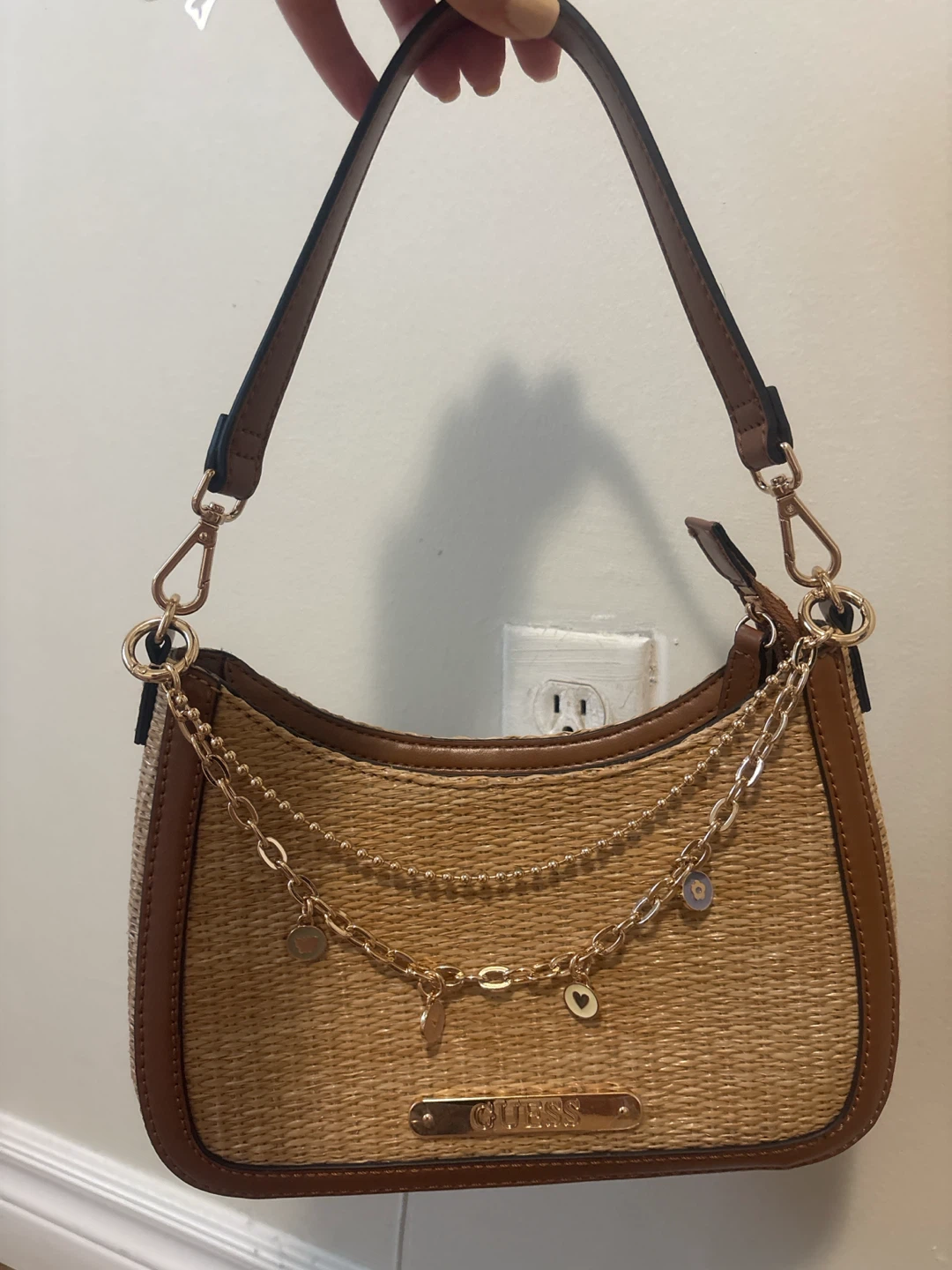 Guess Woven Straw Shoulder Bag with Gold Chain