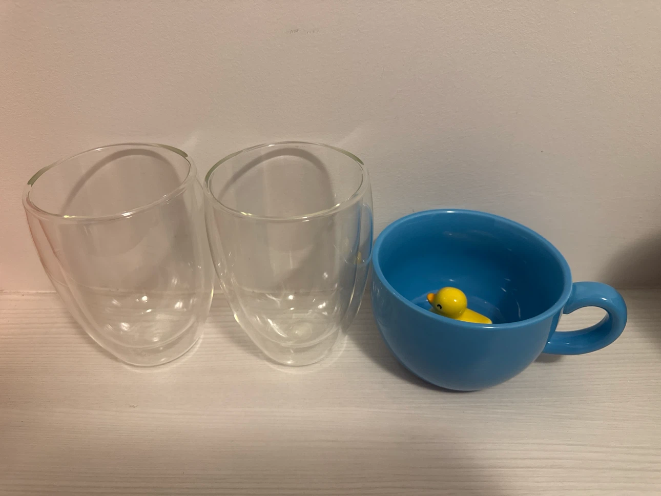Double walled glasses and rubber ducky ceramic mug set