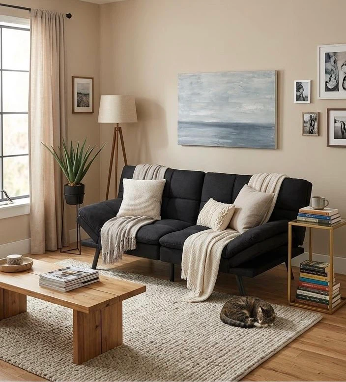 Velvet Black Memory Foam Futon Sofa Wood - photo 2