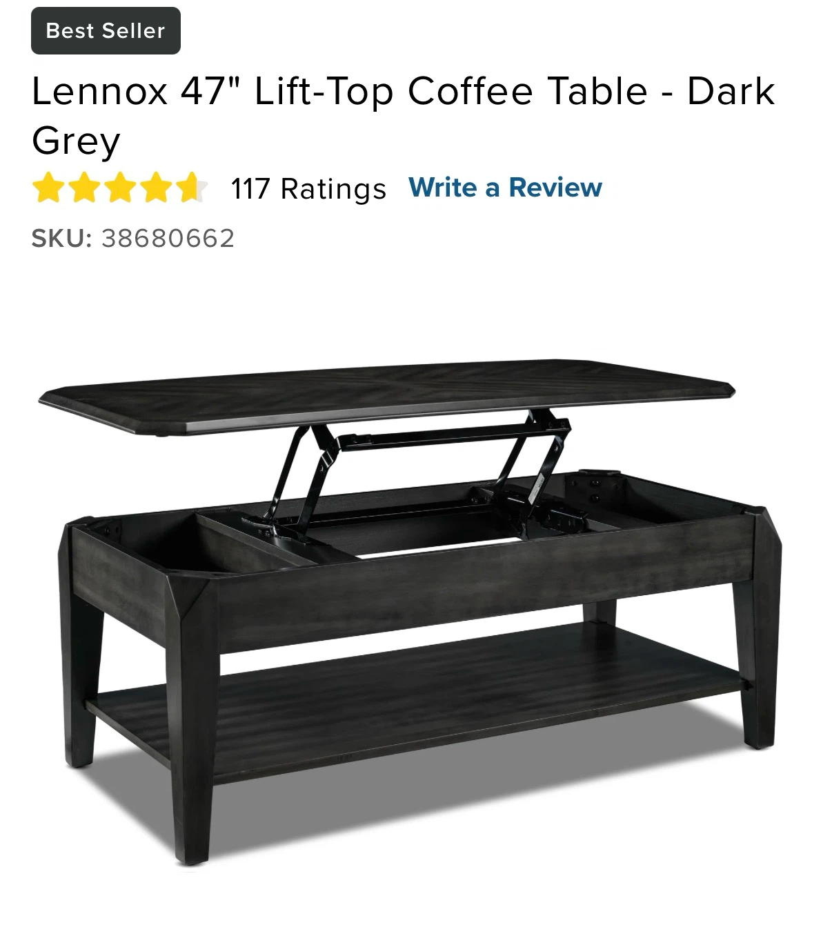 Lennox 47" Lift-Top Coffee Table - Dark Grey
