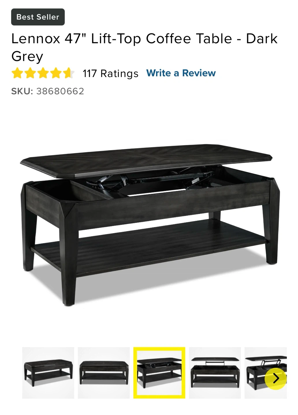Lennox 47" Lift-Top Coffee Table - Dark Grey - photo 2