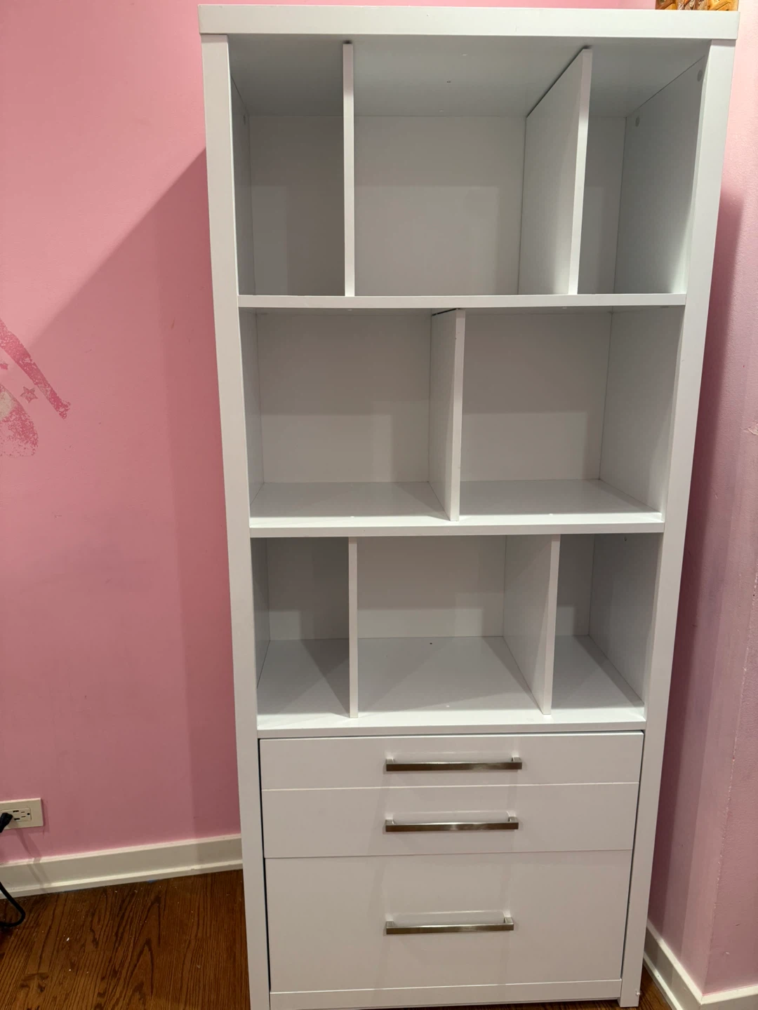 White Storage Cabinet with Shelves and Drawers – $110