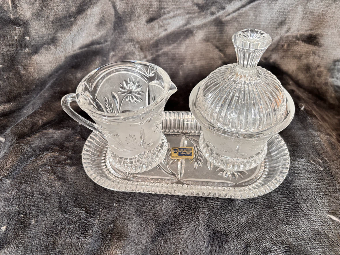 Lead crystal hand cut set sugar bowl &cream on a tray
