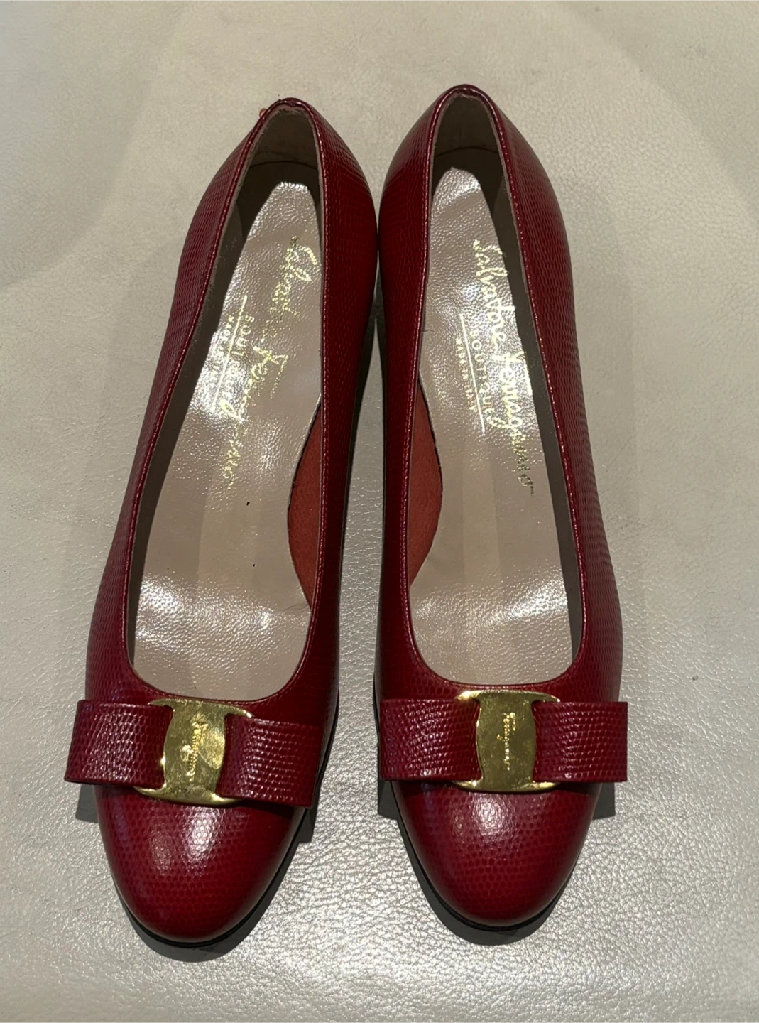 Salvatore Ferragamo Vara  Red Lizard-Embossed Leather  w Box