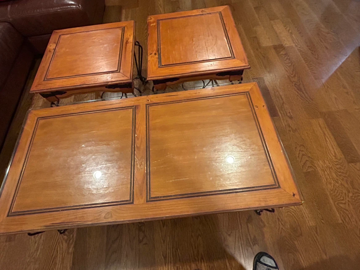 Three piece wooden coffee and end table set